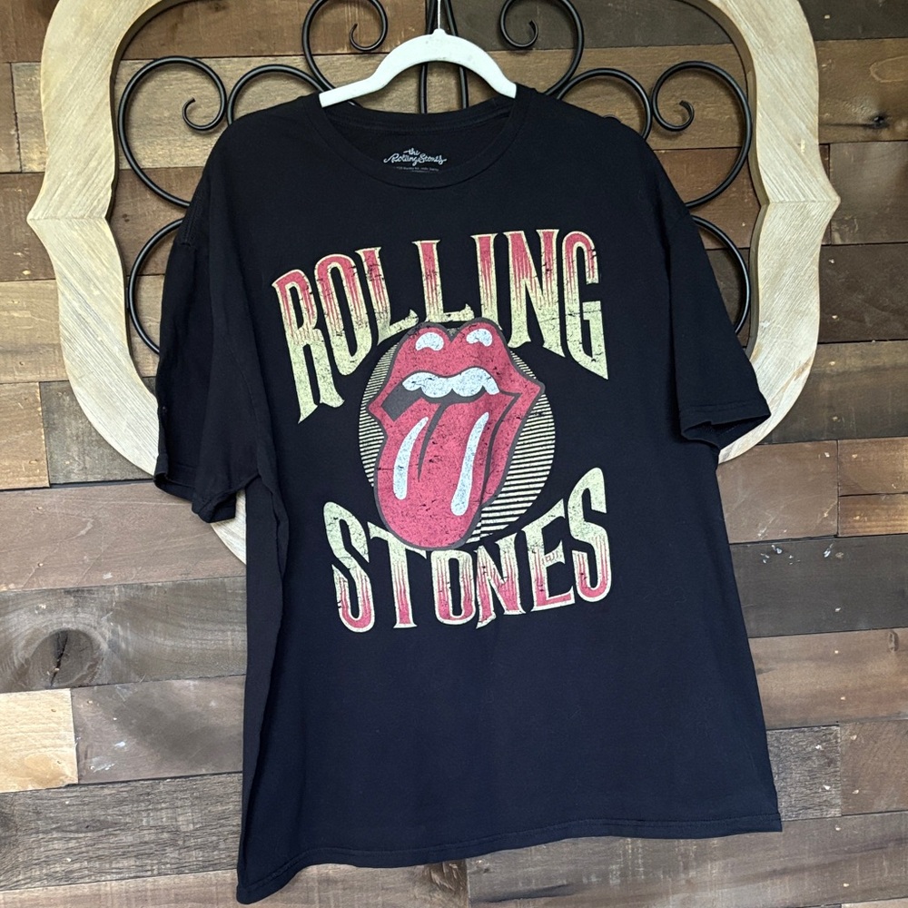 the Rolling Stones Black Tee with Red & Cream Tongue Logo